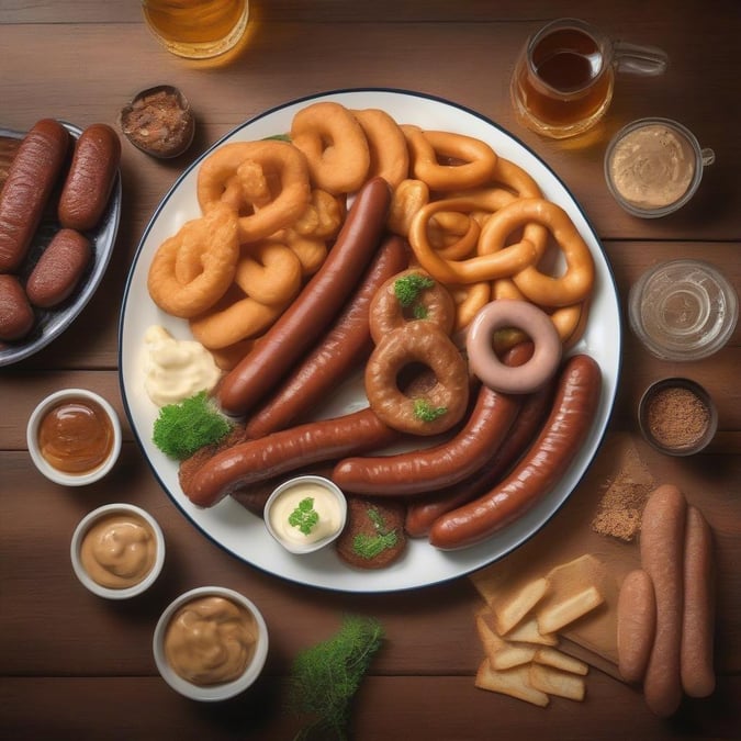 Celebrate Oktoberfest with this plate full of hearty sausages and delicious pretzels. Savor the flavors that make this festival so special.