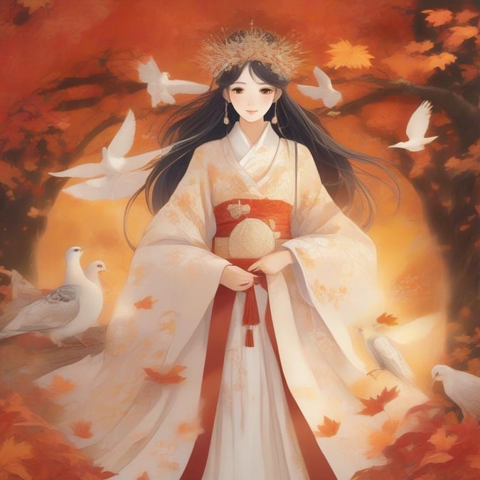 Tauchen Sie ein in die bezaubernde Welt des Anime mit dieser fesselnden Illustration einer japanischen Prinzessin, umgeben von den lebhaften Farben des Herbstes.