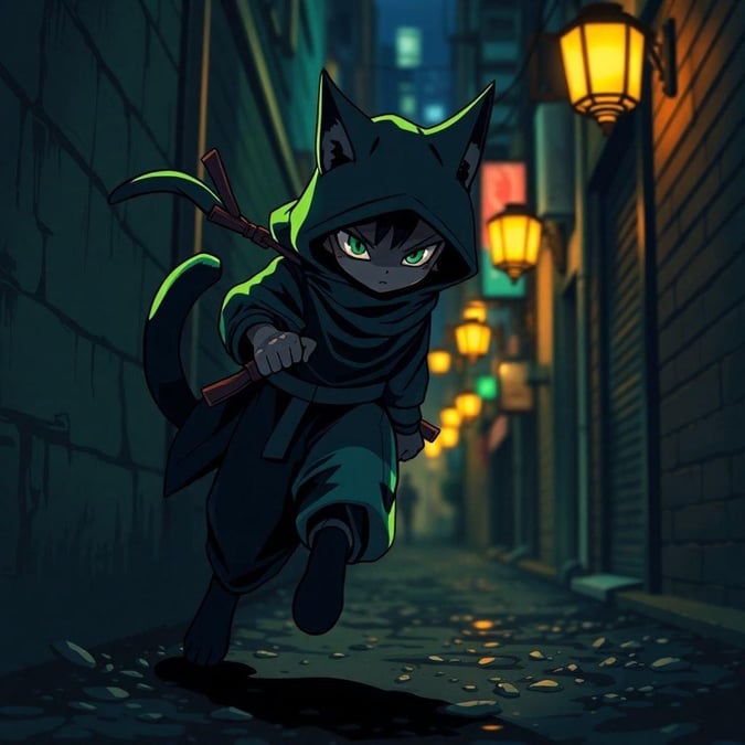 A mischievous feline in an urban exploration. Armed with determination, our character navigates the city streets at night.