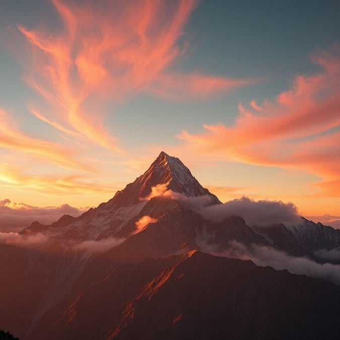 Experience the tranquility of the sky meeting the peak of a majestic mountain during a breathtaking sunrise.