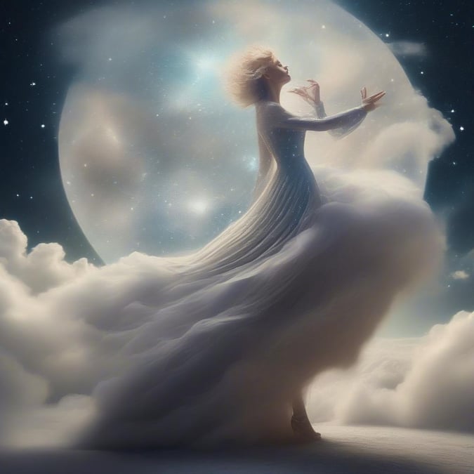 A woman in a flowing white dress, surrounded by clouds and set against a backdrop of a large moon.