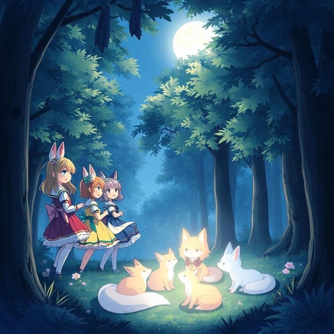 A group of kemonomimi girls playing with fox spirits in a forest at night.