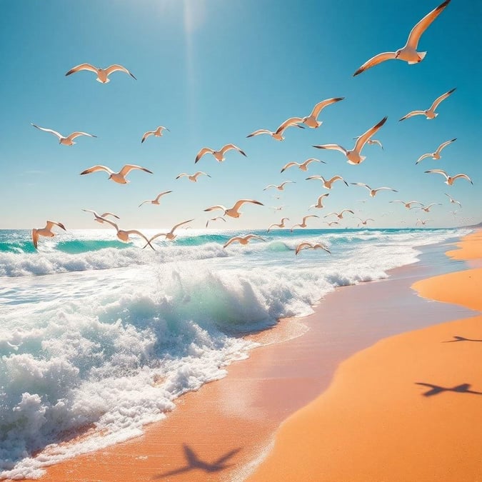 Escape to a serene beach with this stunning wallpaper featuring a flock of seagulls flying over the ocean. Perfect for desktop or mobile, this image is sure to bring a sense of calm to your digital space.