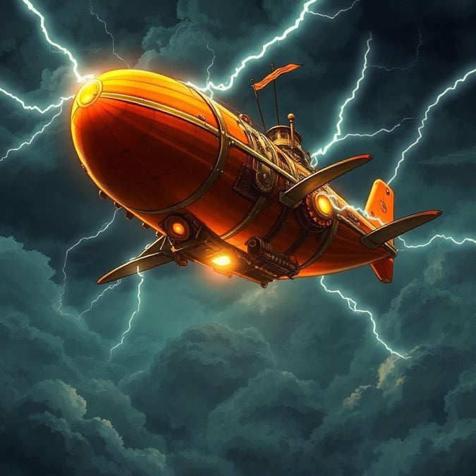 Experience the thrill of a steampunk airship soaring through a stormy sky, with lightning bolts illuminating its path.