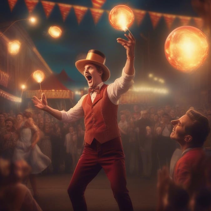 A man, possibly from the circus or carnival, in a vibrant costume with top hat and red pants, is energetically twirling two lit lanterns. He is standing on a cobblestone street, surrounded by a crowd of spectators who are watching his performance with amazement. The scene is bathed in the warm glow of string lights and other lanterns illuminating the night sky.