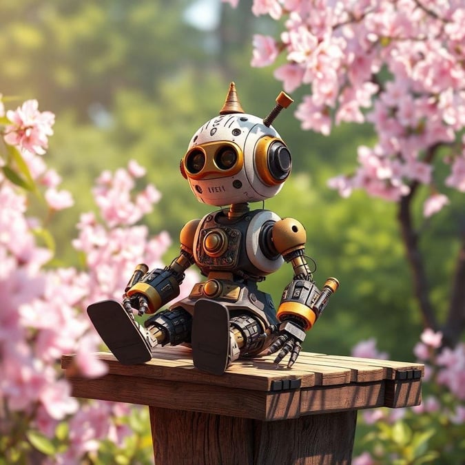 Ce fond d'écran inspiré de l'anime présente un robot assis sur une plateforme en bois au milieu d'un jardin de fleurs de cerisier, sur fond flou de fleurs roses et violettes.