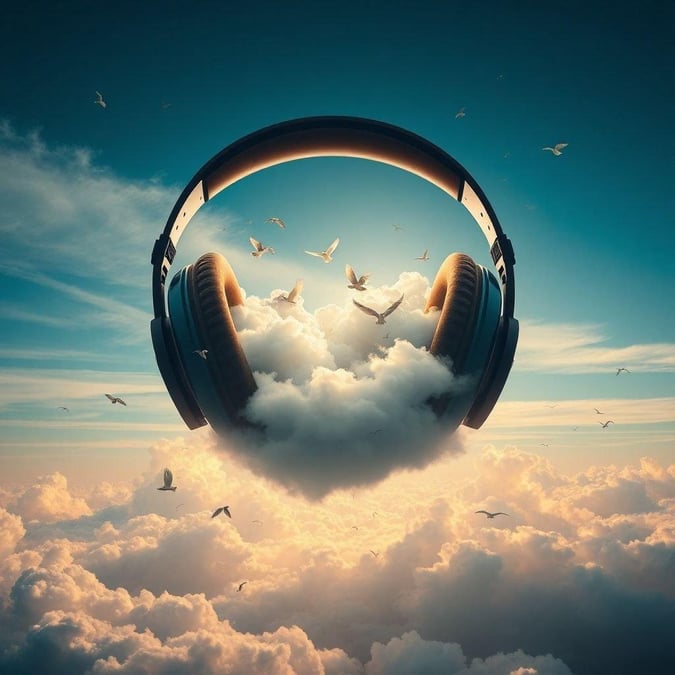 This image is a wallpaper and it is for desktop and mobile use and it's under category of 'Music'. The image features a pair of headphones with a cloud and birds flying in the sky, creating a sense of calm and serenity.