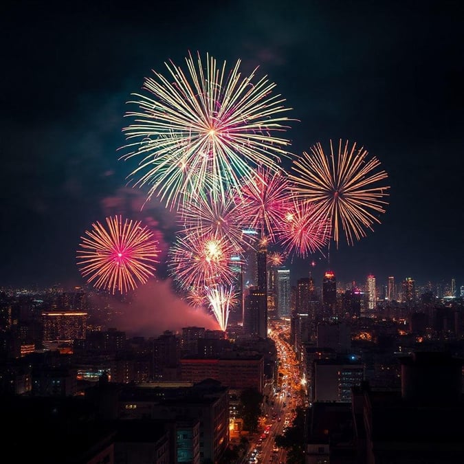 This vibrant image captures the festive spirit of Independence Day celebrations, with a city skyline serving as a stunning backdrop to a spectacular fireworks display. The fireworks erupt in a variety of colors, casting an enchanting glow that highlights the architectural beauty of the surrounding buildings and the darkness of the night sky. This image would make an excellent wallpaper for desktop or mobile devices, bringing a sense of excitement and joy to any viewer.