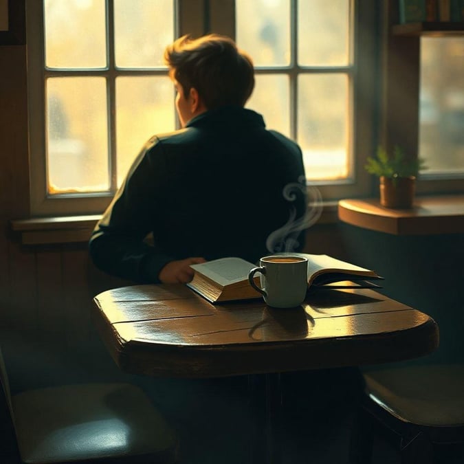 A cozy indoor setting, with the warmth of a cup of coffee. A person sits by the window, perhaps enjoying a good read or watching the world go by.