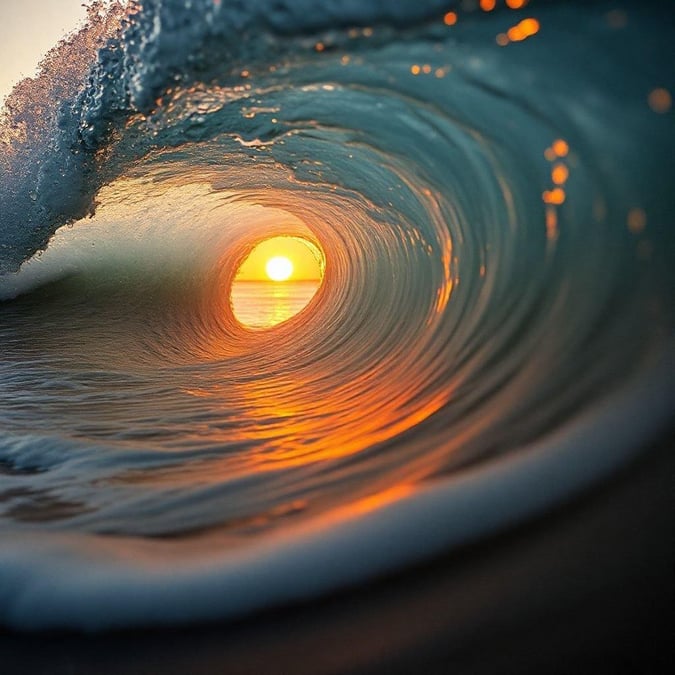 A surfer riding the last sunlit wave of the day, a dramatic scene captured as the ocean gently kisses the sky.