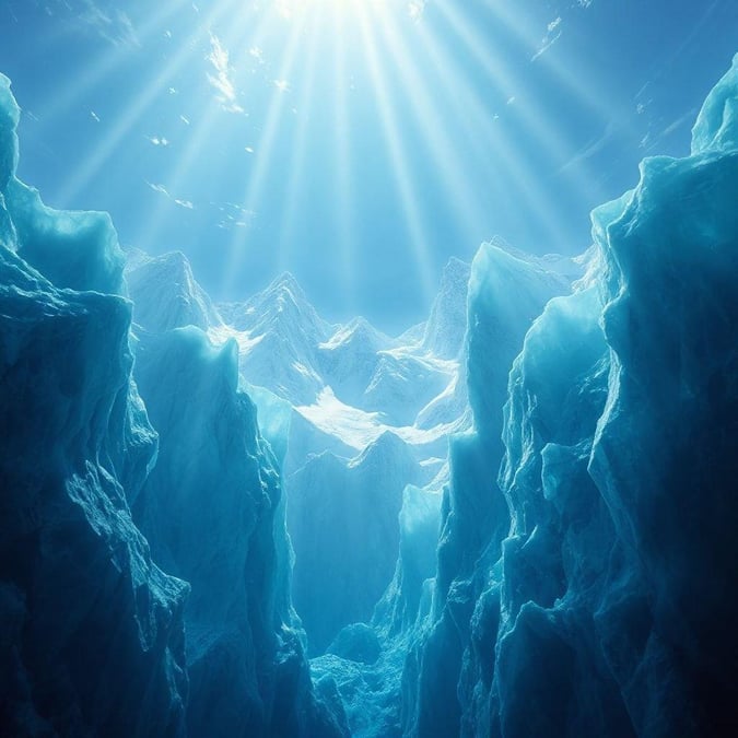 Explore the stunning beauty of an iceberg cove, where sunbeams pierce through the blue depths to illuminate the towering walls. Perfect for your desktop or mobile wallpaper.