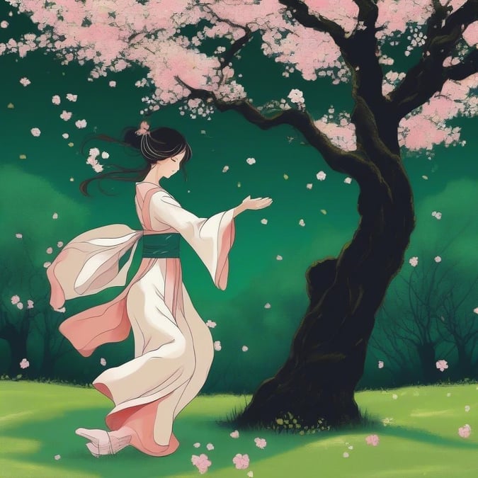 En anime-stil illustration visar en person i en traditionell kimono som dansar graciöst under ett blommande körsbärsträd, med en fullmåne som sänker sig mot bakgrunden av en mörk skog. De livliga rosa blommorna och gröna bladen ger en lugn kontrast till den mörka bakgrunden.