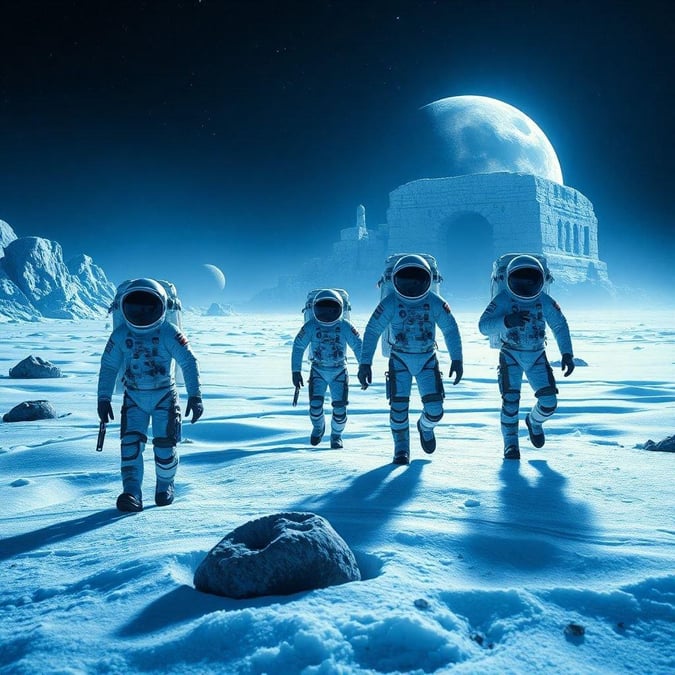 An adventurous sci-fi landscape with astronauts exploring an icy lunar surface. The moon's unique architecture stands under a full celestial body.