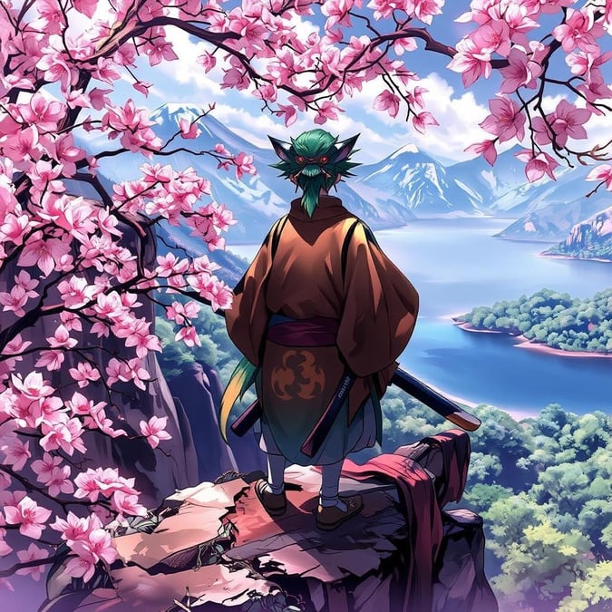 Step into a world of fantasy and adventure with this stunning anime illustration of a young samurai standing on a cliff overlooking a serene lake, surrounded by pink and white cherry blossoms.