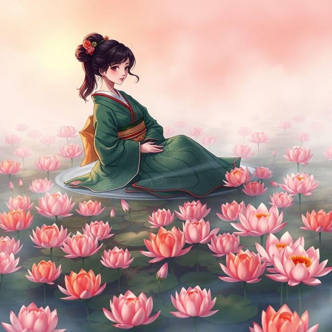 Immerse yourself in the serene beauty of this anime-inspired wallpaper, where a geisha floats gracefully on a pond of vibrant lotus flowers, surrounded by a misty backdrop that adds an air of mystery.