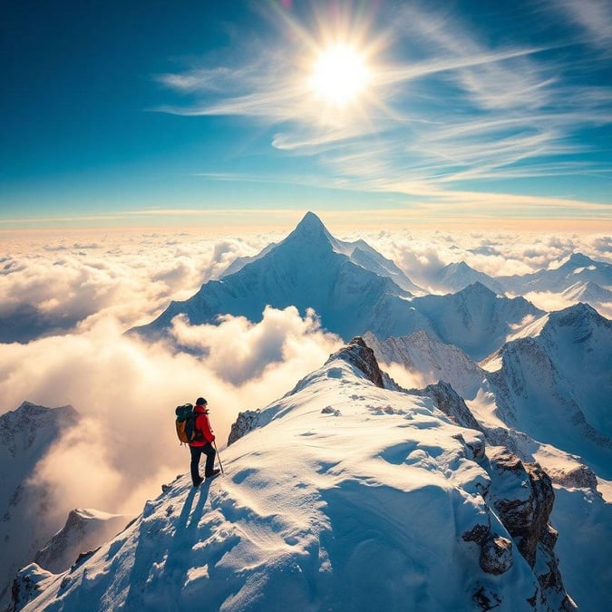 In the midst of towering snow-capped peaks, a lone hiker ascends towards the clouds on an adventurous journey. Carrying all necessary gear and a clear purpose in his heart, he embarks on a trek to conquer the highest point of Earth - Mt. Everest.