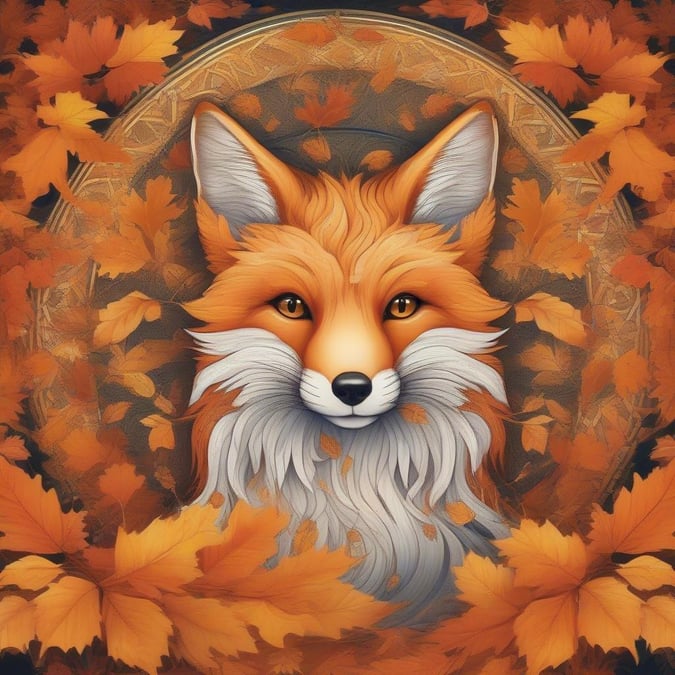 Experience the magic of the autumn season through this enchanting fox spirit wallpaper. As you gaze upon the image, your eyes are drawn to the vibrant fur of our noble fox, transformed into a vortex of leaves. The intricate patterns and flowing mane add a mystical charm to the scene, making it an ideal desktop companion for any season.