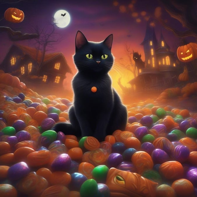 Get into the spooky spirit with this Halloween wallpaper, featuring a black cat sitting on a pile of pumpkins. The perfect way to add some festive flair to your desktop or mobile device.