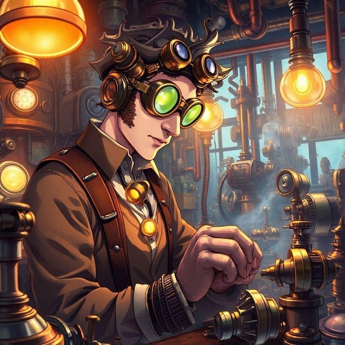 Step into the world of steampunk innovation with this captivating image of an inventor hard at work. The intricate details of his attire and the mechanical gears and pipes create a visually stunning scene that's sure to transport you to a bygone era.