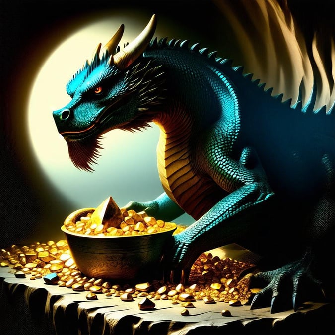 A whimsical fantasy scene featuring a blue dragon guarding its hoard of golden treasures, ready to embark on an adventure.