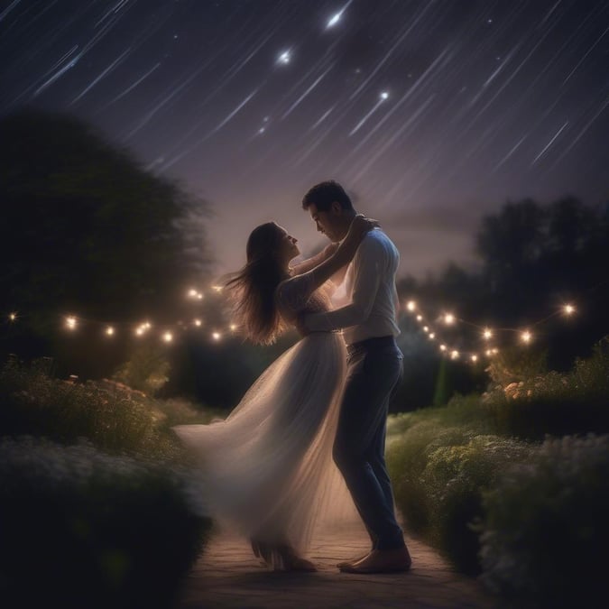 A romantic couple dancing under the stars on a beautiful night.