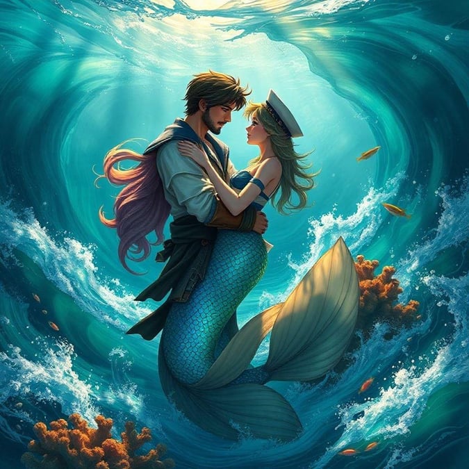 A magical scene where the lovers are embracing amidst an oceanic wonder, celebrating their union beneath the waves.