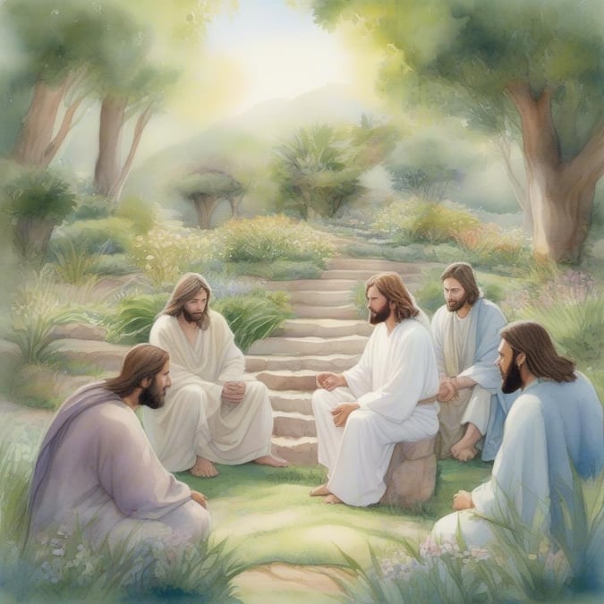 This beautiful wallpaper captures the serene moment of Jesus and his disciples enjoying a peaceful gathering in a lush garden. The soft colors and gentle lighting create a sense of calm and tranquility, making it a perfect addition to any desktop or mobile device.