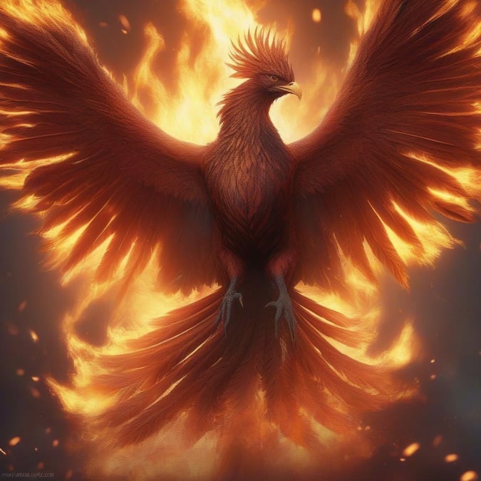 A powerful phoenix rises from the flames, its wings spread wide and its eyes fixed intently on the horizon.