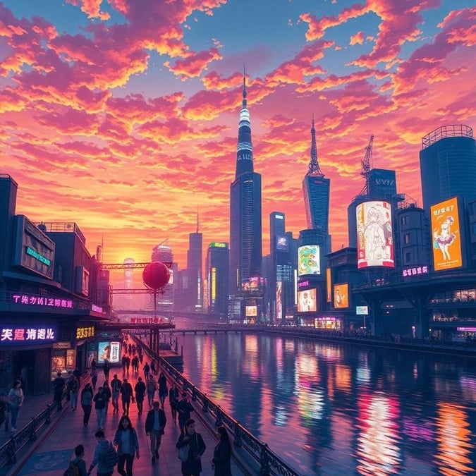 This digital illustration portrays a futuristic view of Tokyo at sunset. The city is bathed in vibrant neon lights that reflect off the water's surface, creating a serene and colorful atmosphere.