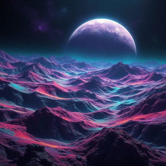 This stunning sci-fi landscape wallpaper transports you to another world with its vibrant colors and otherworldly scenery.