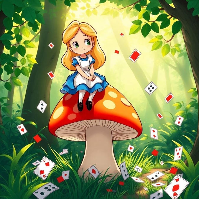 This enchanting scene features a young girl, who appears to be a character from 'Alice in Wonderland', seated atop a whimsical mushroom. The forest is alive with the magical touch of playing cards scattered around her, suggesting a playful and imaginative adventure.