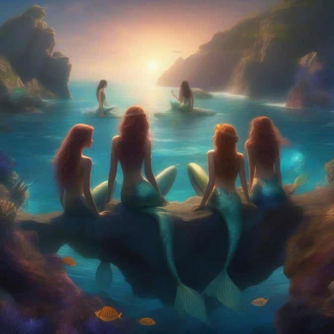 This beautiful wallpaper features mermaids in the ocean, perfect for desktop and mobile use. The underwater scene is serene and peaceful, with the mermaids adding a touch of magic to the image.