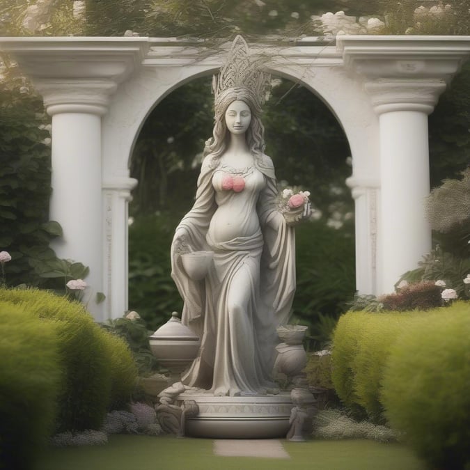 The statue of the 'Madonna and Child', a timeless symbol of motherhood and love, gracing the garden as a serene centerpiece for this Mother's Day wallpaper.