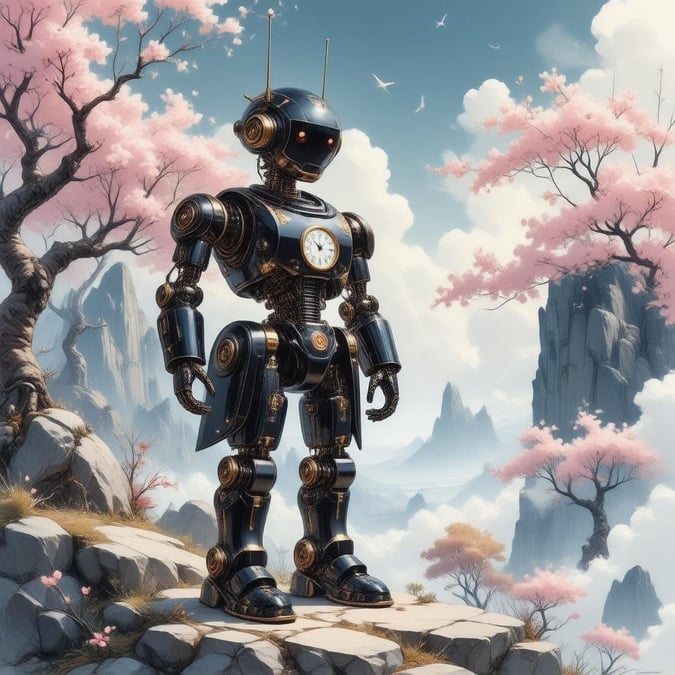 Immerse yourself in the serene world of anime with this stunning robot wallpaper, featuring a detailed digital illustration of an elegant robot amidst a fantasy-filled landscape.