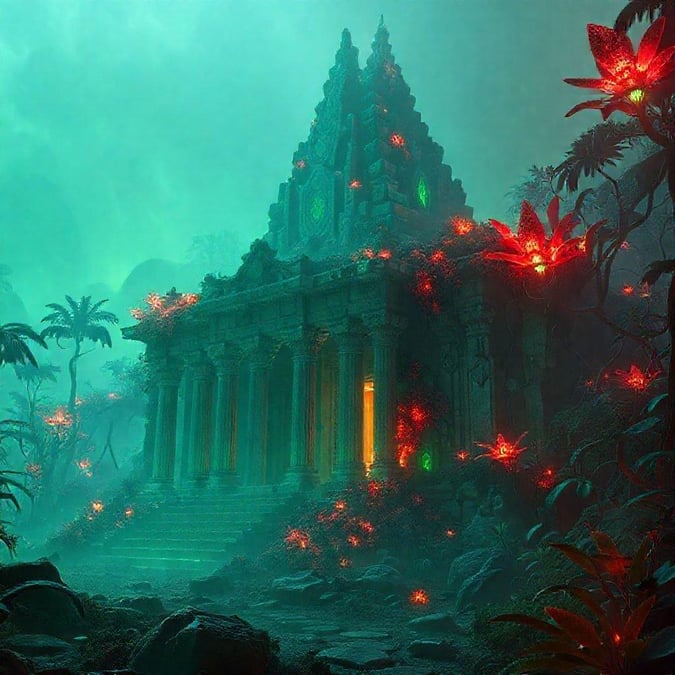 A mystical ancient temple deep within the jungle, shrouded in a foggy night. A gateway to another world or era. The ruins are adorned with vibrant red flowers and illuminated by glowing green moss.