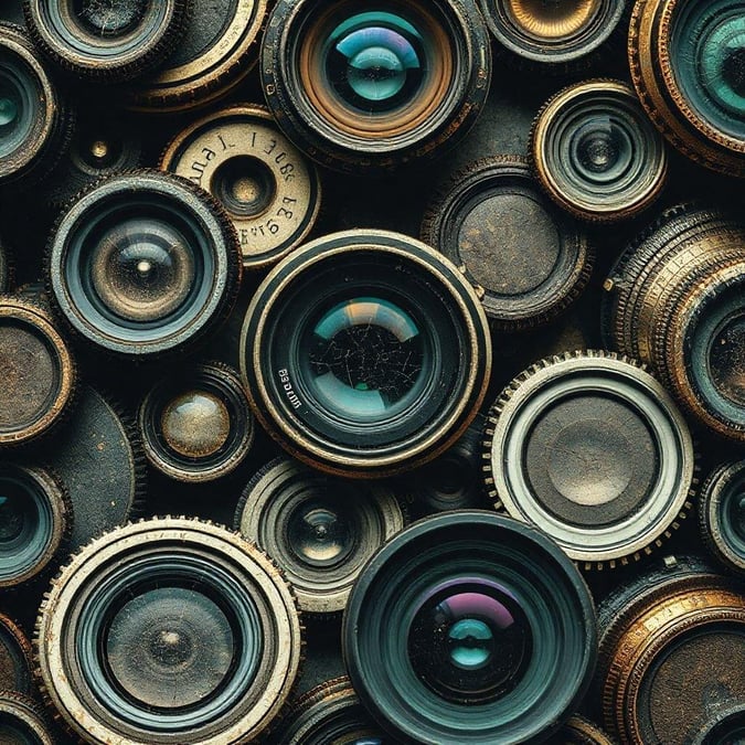 A close-up view of multiple camera lenses, capturing the heart of photography through their unique designs.