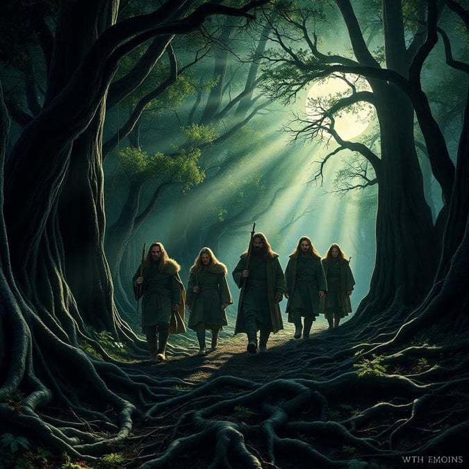 A mystical forest scene with characters from the movie series 'The Lord of the Rings', perfect for your desktop or mobile device.