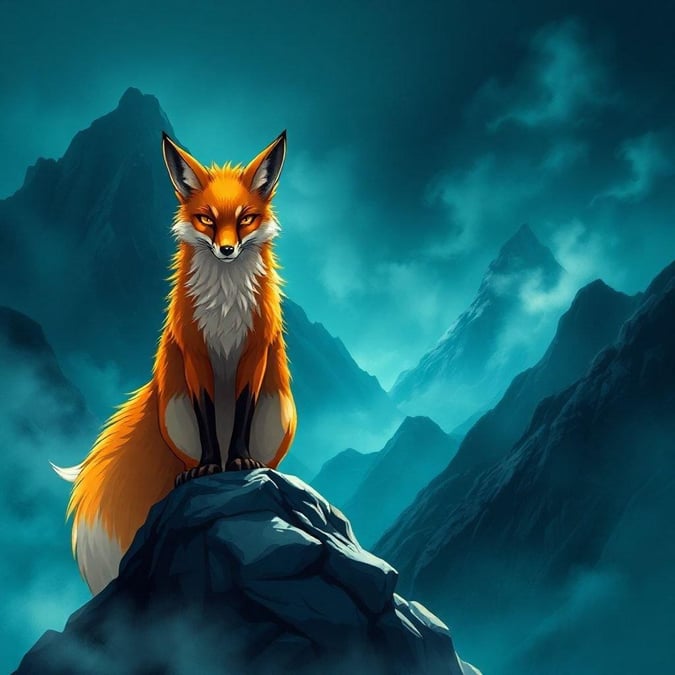 Immerse yourself in the captivating world of anime with this stunning illustration of a fox standing tall in a misty mountain range. The vibrant orange and yellow fur of the fox contrasts beautifully against the dark background, while its intense gaze commands attention. The mysterious blue and green hues add a magical touch to the scene, making this wallpaper a must-have for any anime fan.