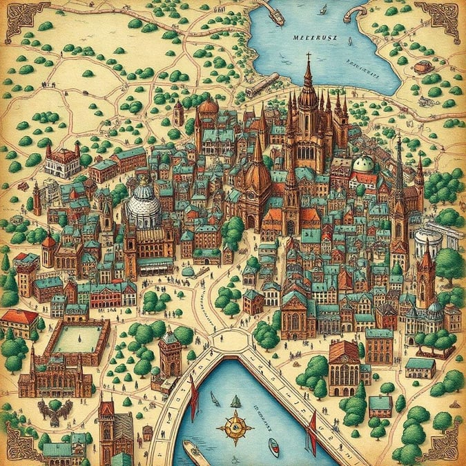 Charming vintage illustration of an old European town, reminiscent of a Renaissance period print.