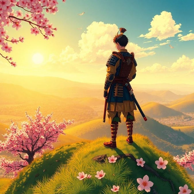 Step into a serene world with this anime wallpaper, where a young samurai stands on a hill, gazing out at a breathtaking valley filled with cherry blossoms. The warm and inviting scene, with its vibrant yellow and orange hues, captures a moment of tranquility, inviting you to explore the intricate details of the samurai's natural habitat.