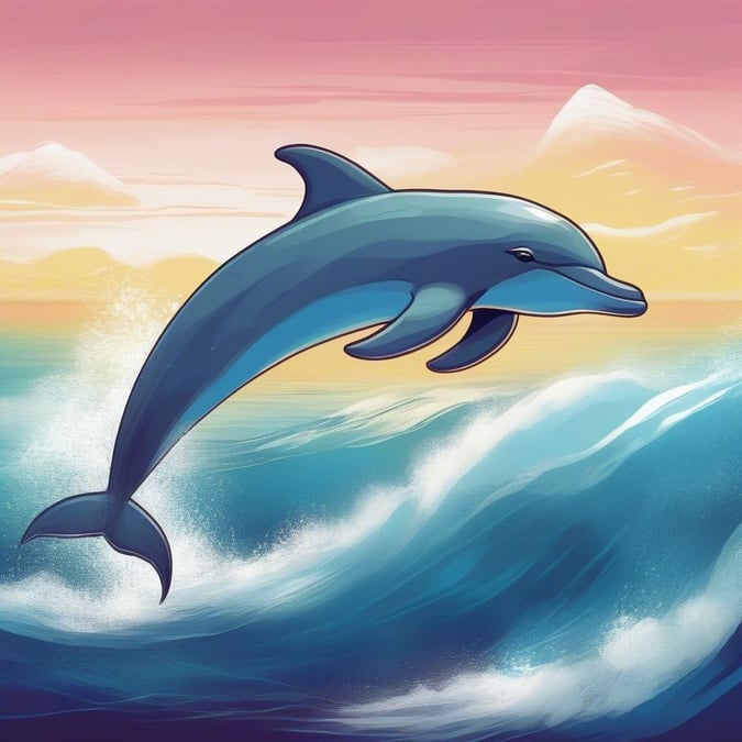 Dive into this serene scene featuring an animated dolphin gracefully leaping over a wave against the stunning backdrop of sunset skies.