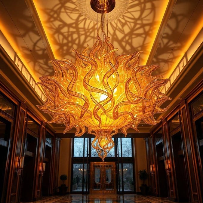 A luxurious hotel lobby with a stunning chandelier hanging from the ceiling, creating an atmosphere of opulence and grandeur.