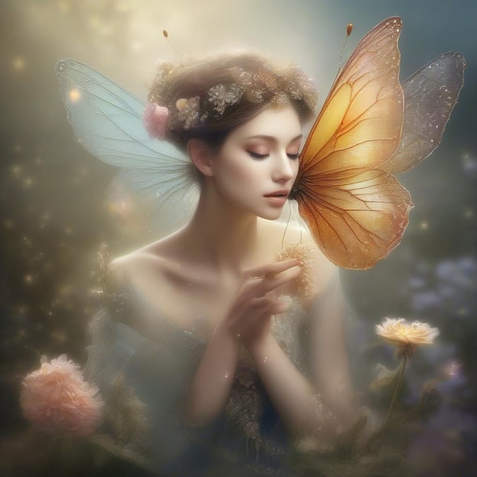 A mystical scene with an ethereal woman embracing a vibrant butterfly, surrounded by a magical garden filled with fantastical elements.