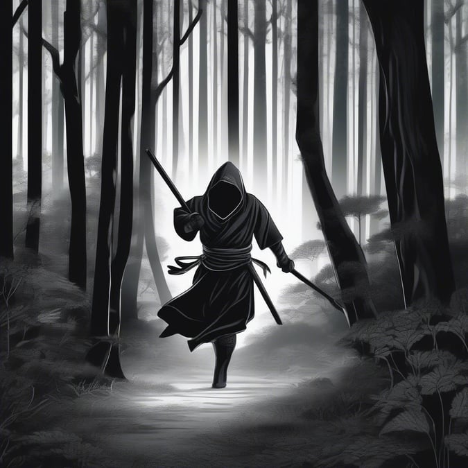 This stunning anime wallpaper features a young ninja sneaking through a dense forest at night, exuding mystery and intrigue.