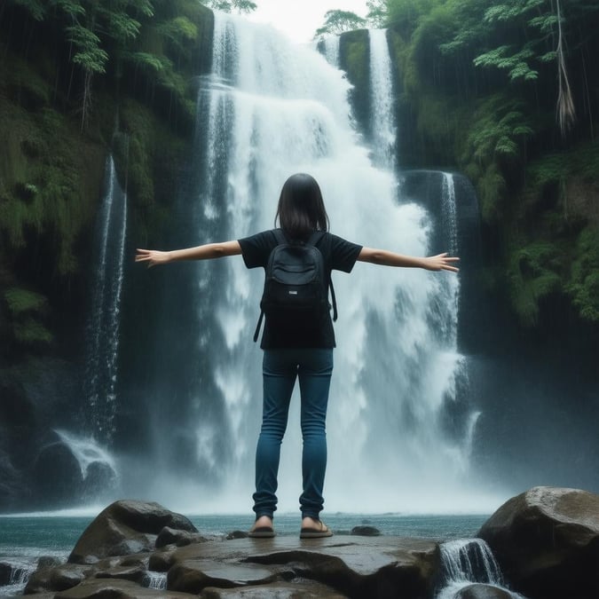 This stunning anime wallpaper features a young samurai standing at the edge of a breathtaking waterfall, exuding a sense of adventure and tranquility.