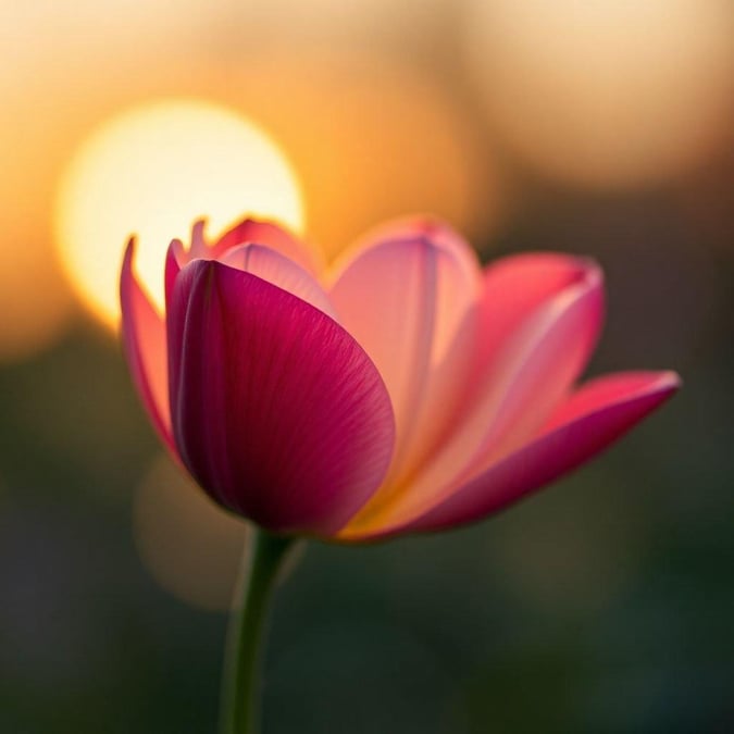 The image is a close-up photograph of a pink tulip in front of a sunset. The tulip is in focus and the background is blurred. The sun is setting behind the tulip, creating a warm and peaceful atmosphere. The image is a beautiful representation of nature's beauty and the fleeting moments of life.