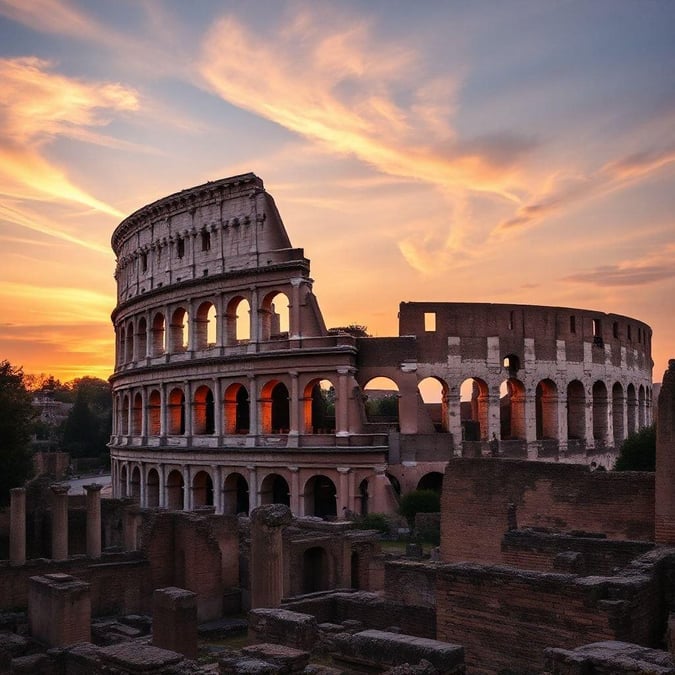 A majestic ancient Roman landmark bathed in warm sunset hues, illuminated by the setting sun.