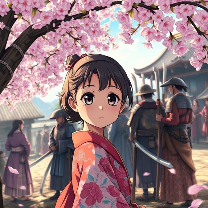 This captivating anime illustration transports viewers to feudal Japan, where a young girl's gaze captures the attention of a group of samurai. The scene is brought to life with vibrant colors and intricate details, creating an immersive anime-like atmosphere.