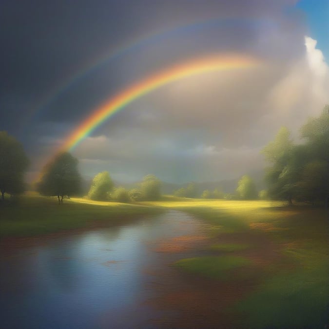 A stunning view of a rainbow over a river, perfect for desktop and mobile wallpapers.