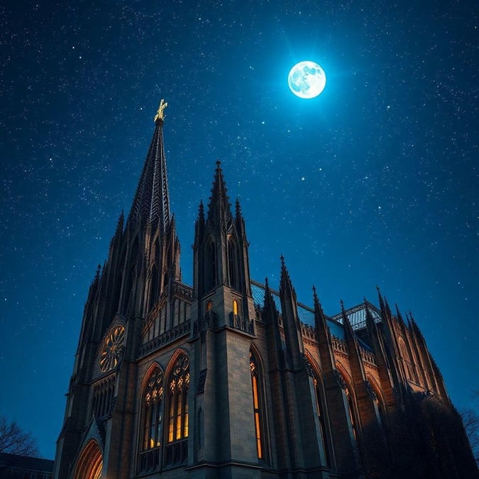 This stunning image captures the breathtaking beauty of a cathedral under the light of a full moon.